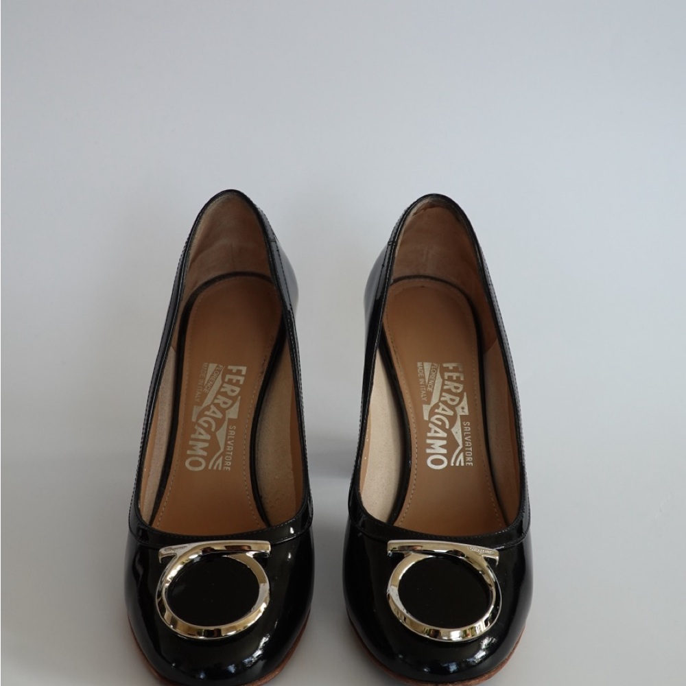 Salvatore Ferragamo Black Patent Leather Heels with Silver Accents